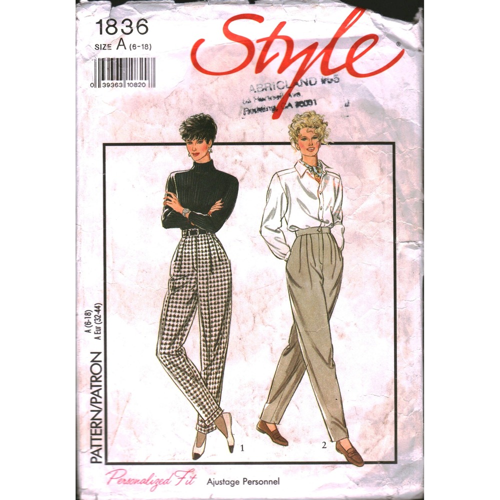Style 1836 Sewing Pattern Womens Trousers Pants Pleated Tapered Sz 6-18 Vintage